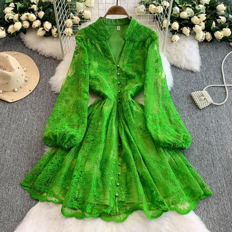Sweet palace style V-neck lantern sleeves for spring and summer 2025, fashionable embroidery, versatile and slimming A-line elegant dress, women's fashion trend