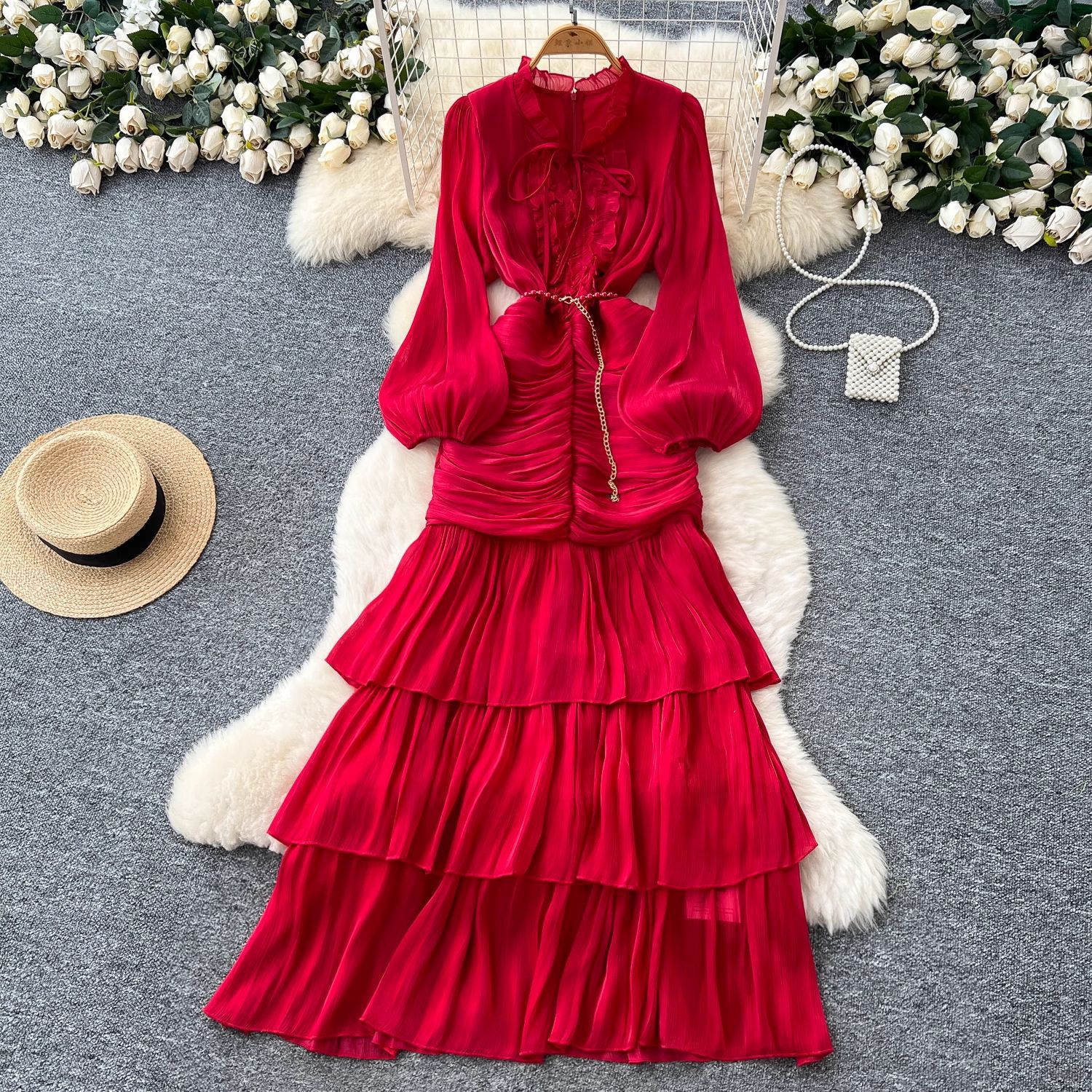 French dress for women 2025 new high-end lace patchwork waist cinched lantern sleeves lotus leaf side length dress skirt French dress for women 2025 new high-end lace patchwork waist cinched lantern sleeves lotus leaf side length dress skirt