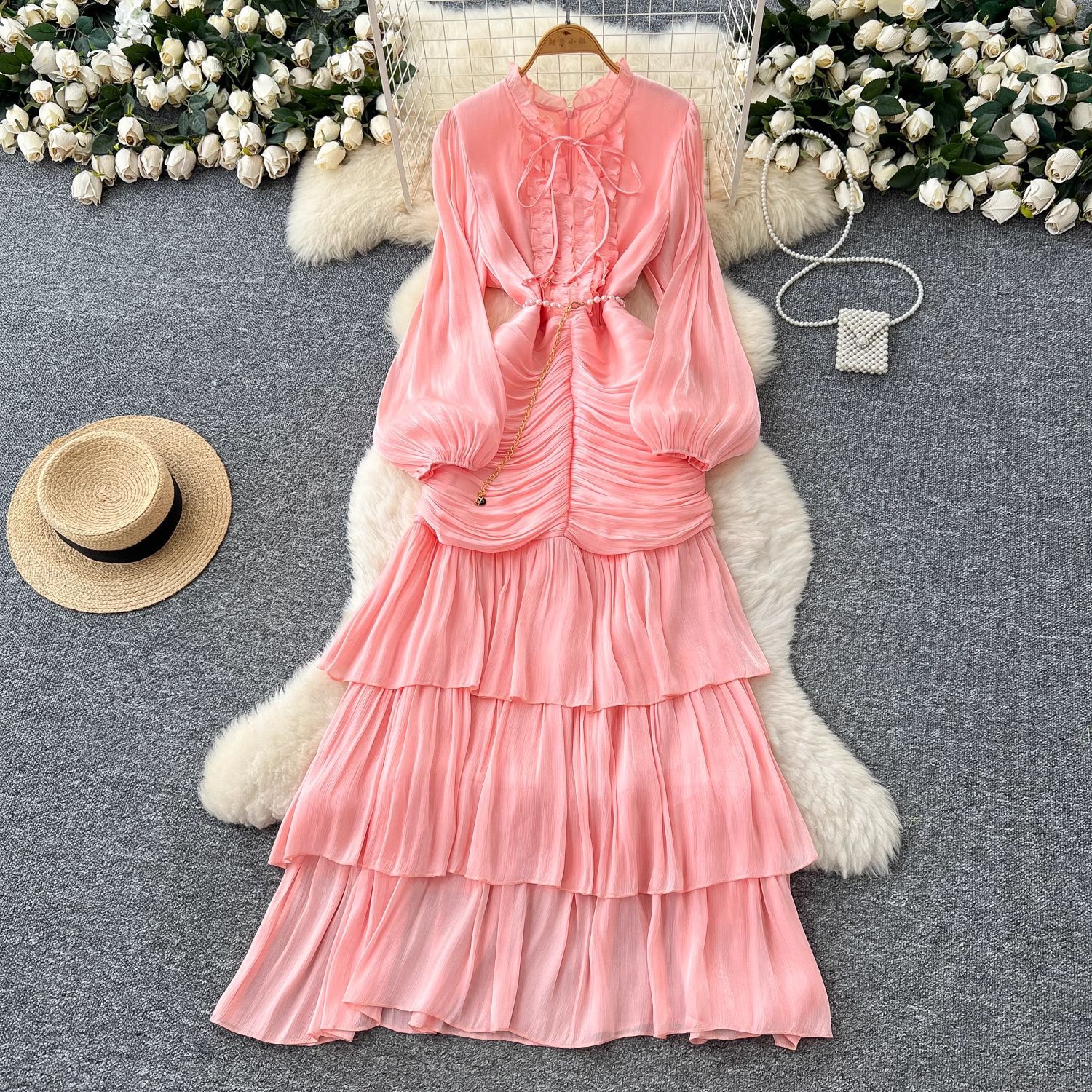 French dress for women 2025 new high-end lace patchwork waist cinched lantern sleeves lotus leaf side length dress skirt French dress for women 2025 new high-end lace patchwork waist cinched lantern sleeves lotus leaf side length dress skirt