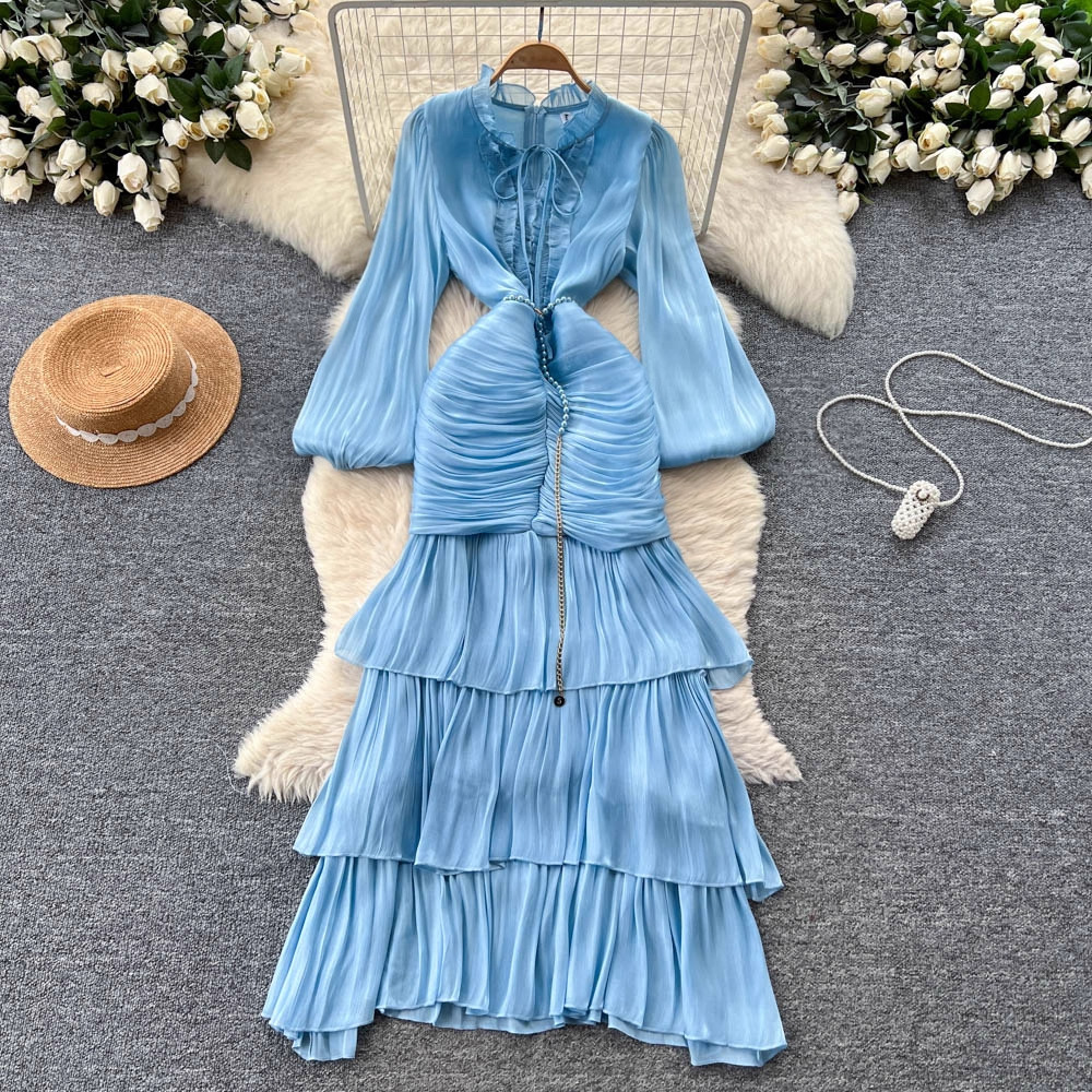 French dress for women 2025 new high-end lace patchwork waist cinched lantern sleeves lotus leaf side length dress skirt French dress for women 2025 new high-end lace patchwork waist cinched lantern sleeves lotus leaf side length dress skirt