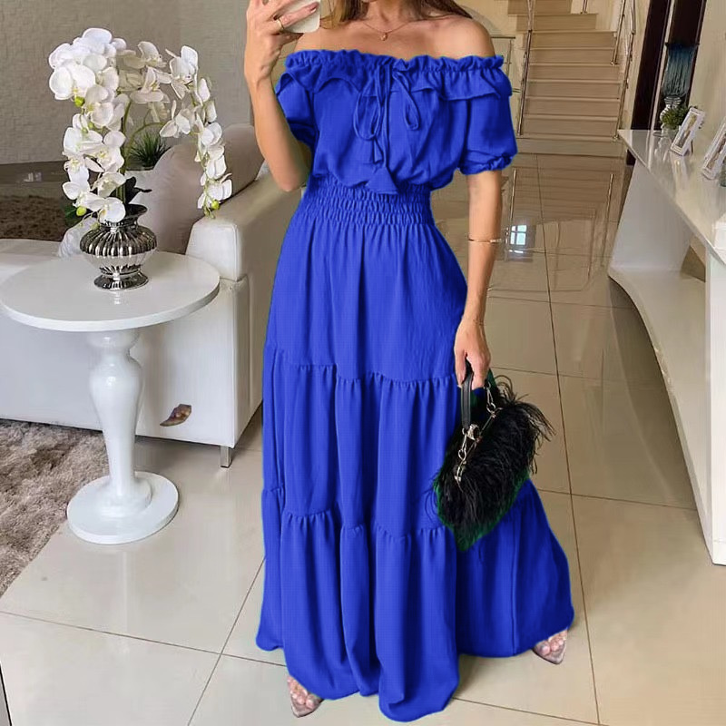 2025 European and American Cross border Foreign Trade New Fashionable Solid Color Lotus Lace, Leaf Edge Skincare, Bubble Sleeves, Large Swing Dress 2025 European and American Cross border Foreign Trade New Fashionable Solid Color Lotus Lace, Leaf Edge Skincare, Bubble Sleeves, Large Swing Dress