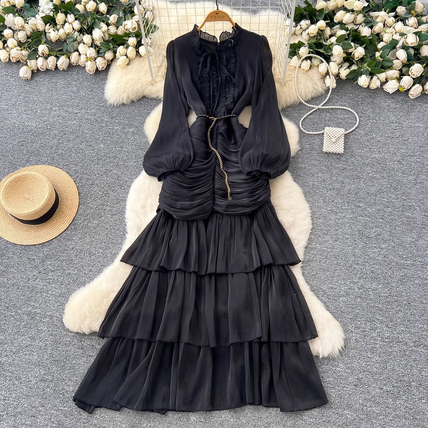 French dress for women 2025 new high-end lace patchwork waist cinched lantern sleeves lotus leaf side length dress skirt French dress for women 2025 new high-end lace patchwork waist cinched lantern sleeves lotus leaf side length dress skirt