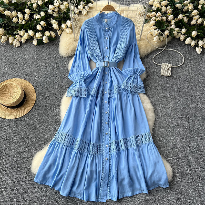 French court retro elegant dress, women's standing collar with flared sleeves, waist cinched, single breasted lace patchwork long skirt French court retro elegant dress, women's standing collar with flared sleeves, waist cinched, single breasted lace patchwork long skirt