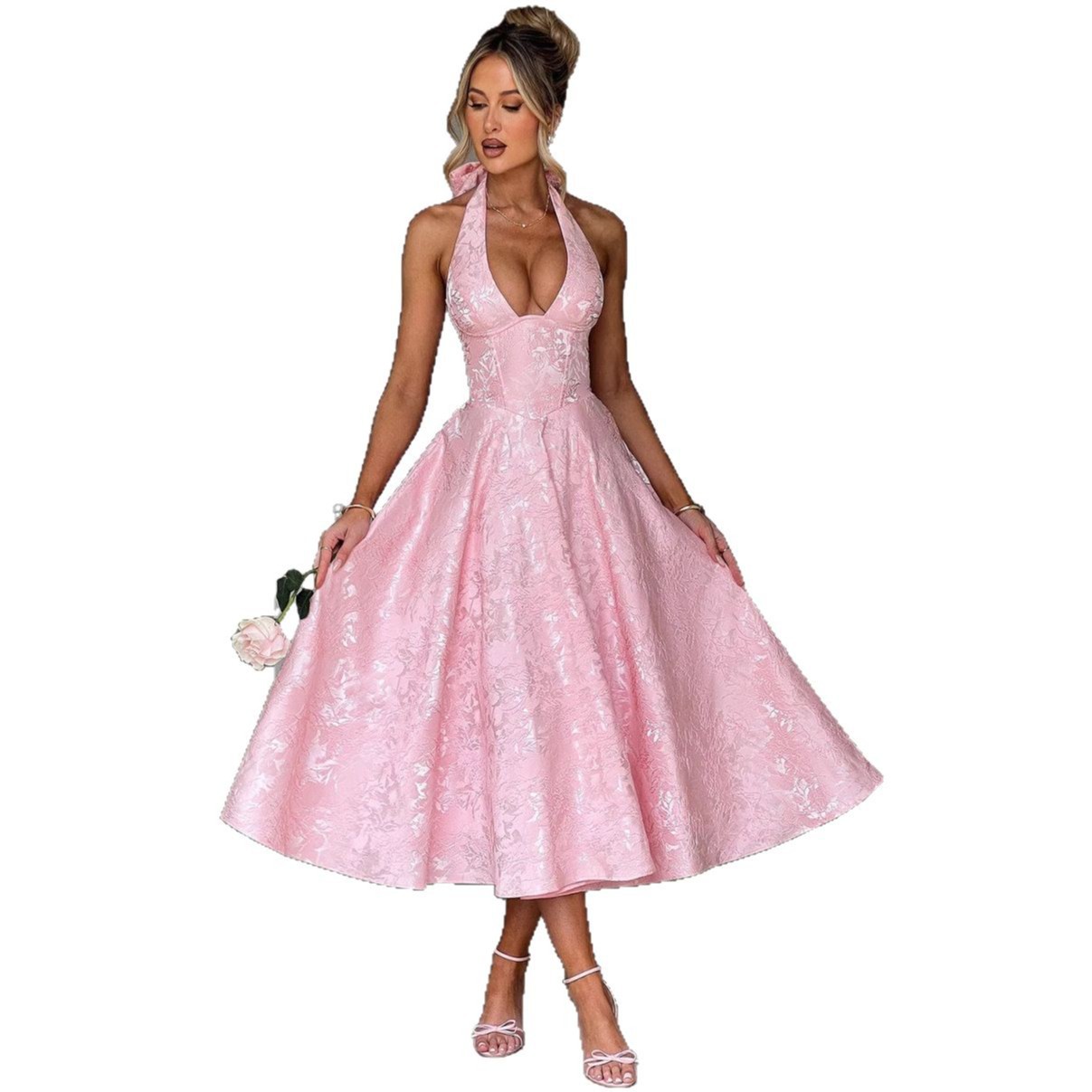 New European and American V-neck hanging neck sleeveless jacquard lace up waist cinching vacation style dress, long high-end dress, trendy New European and American V-neck hanging neck sleeveless jacquard lace up waist cinching vacation style dress, long high-end dress, trendy