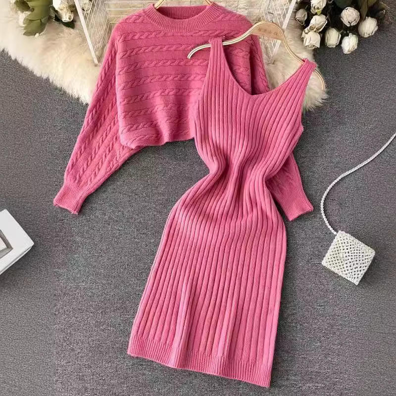 2023 Autumn/Winter New Two Piece Knitted Sweater Bag Hip Dress French Strap Short Round Neck Bat Sleeve Sweater