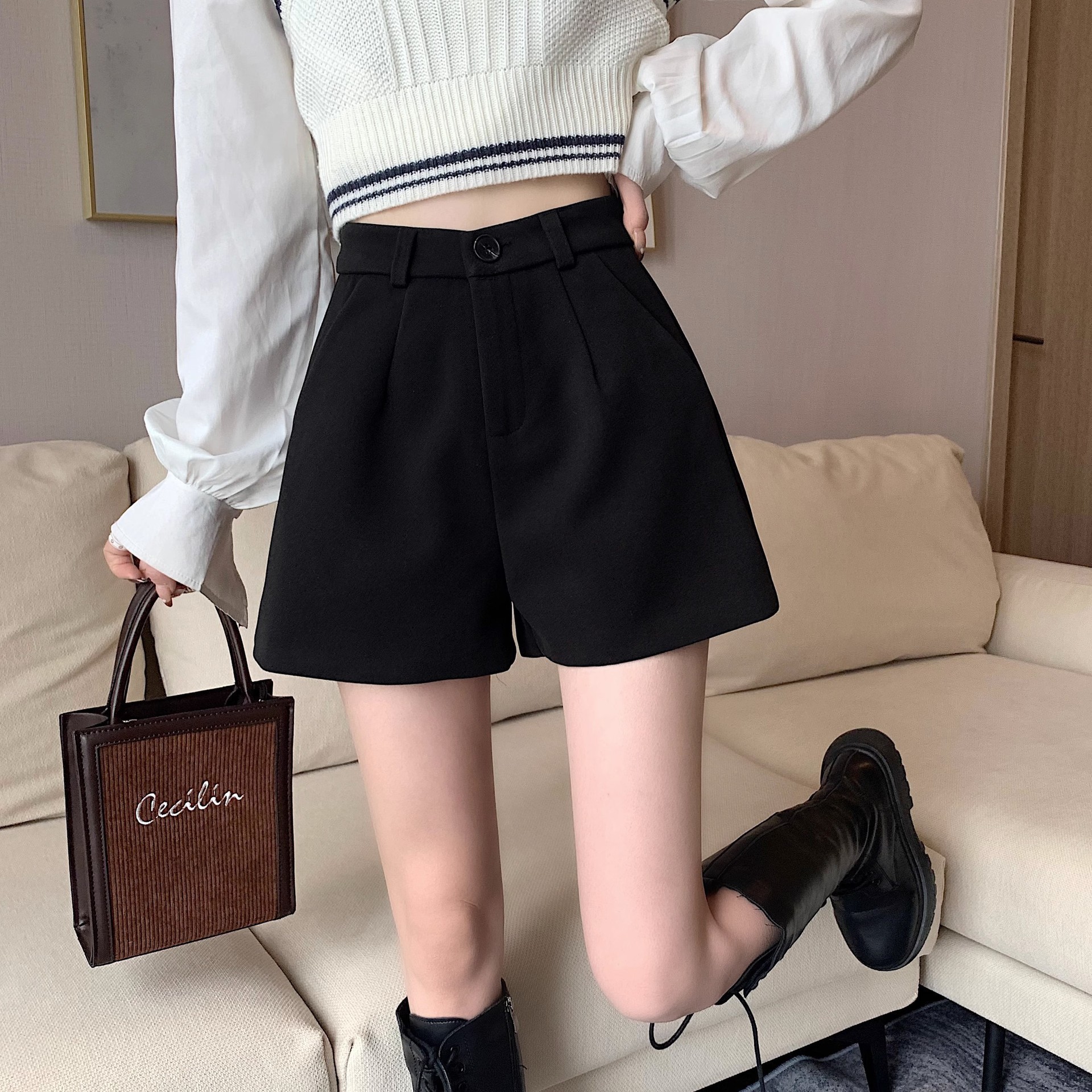 23 son slim and high waisted A-line new shorts for women's casual 20 wide leg pants straight leg pants black woolen autumn and winter boots pants