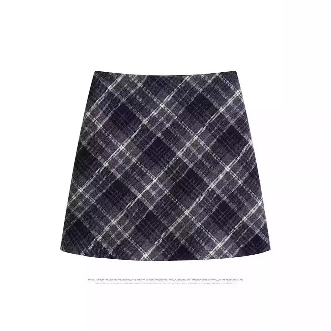 American retro high waisted plaid midi skirt for women, versatile in autumn and winter, with a big size, chubby, and a short skirt made of woolen material