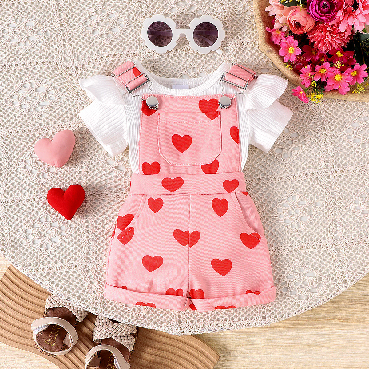 Amazon's new cross-border European and American girl baby white short sleeved top+printed overalls two-piece set