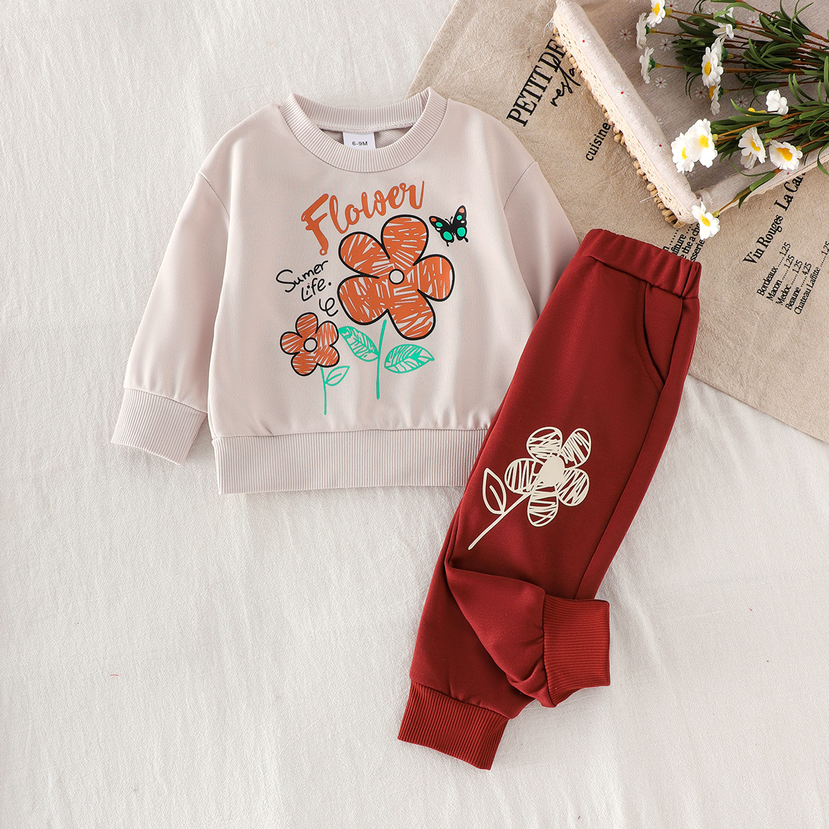Cross border baby girl and child flower butterfly print set light beige long sleeved sweatshirt wine red flower pants baby