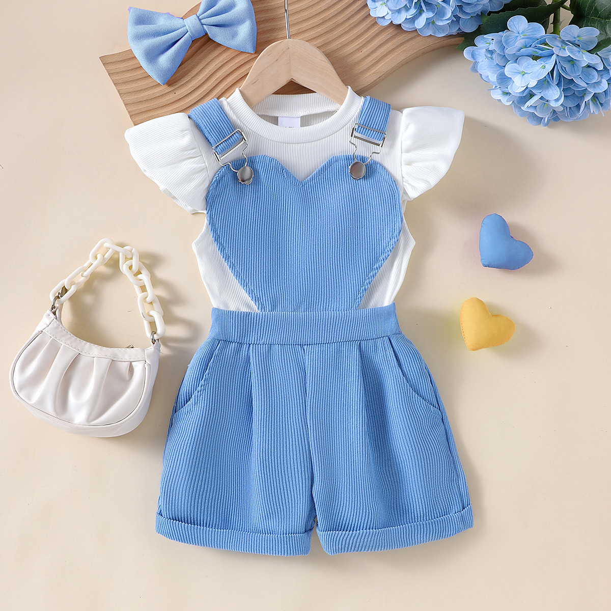 2025 New Instagram Cross border E-commerce Female Baby Knitted Flying Sleeve Top with Blue Strap Shorts Two Piece Set