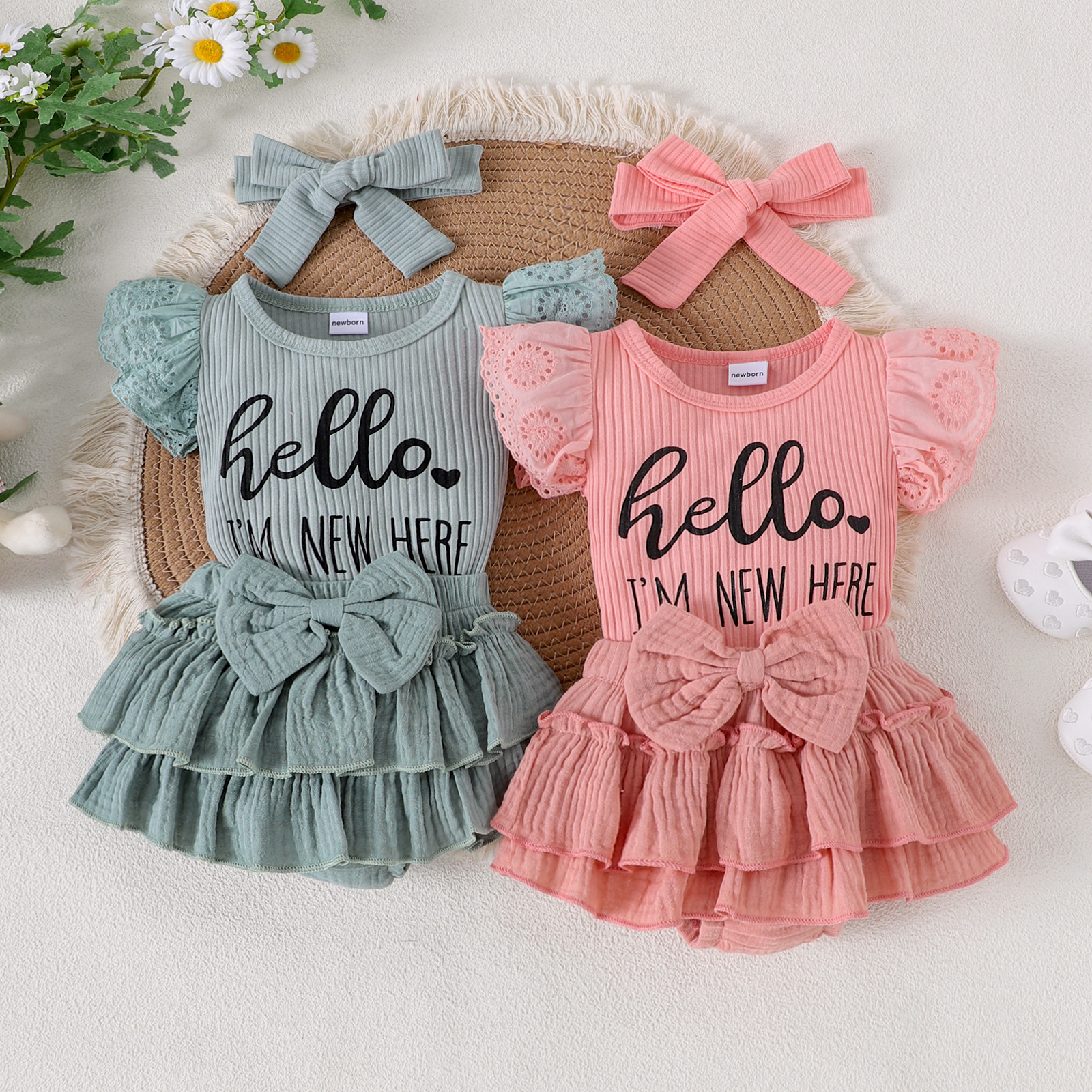 Cross border infant and young girl summer casual letter printed groove stripe flying sleeve khat+bow shorts+headcount