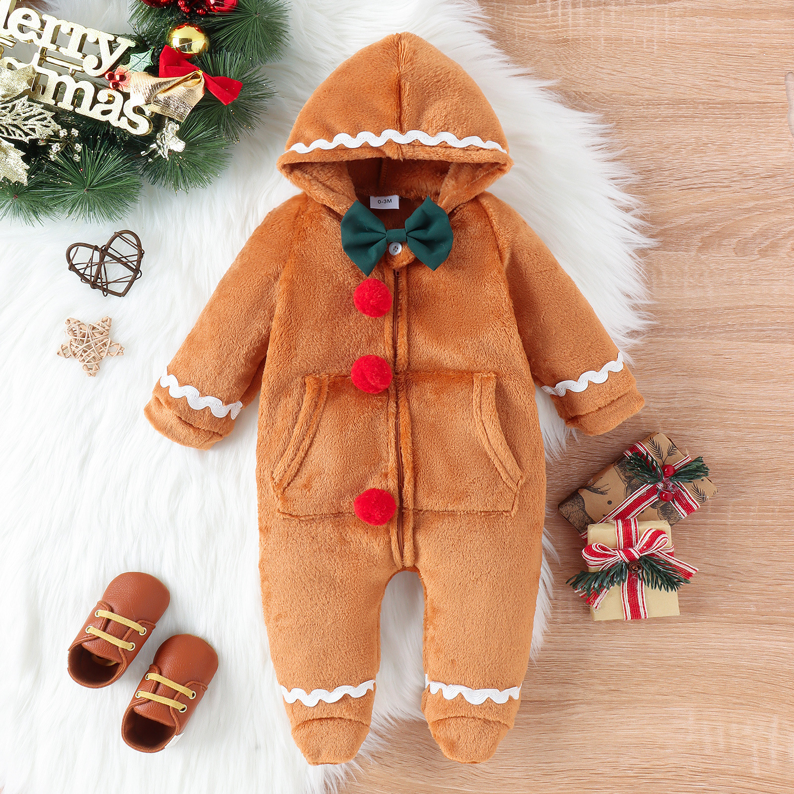 European and American children's Christmas clothes, baby zipper hooded jumpsuit with feet, baby autumn and winter new warm jumpsuit