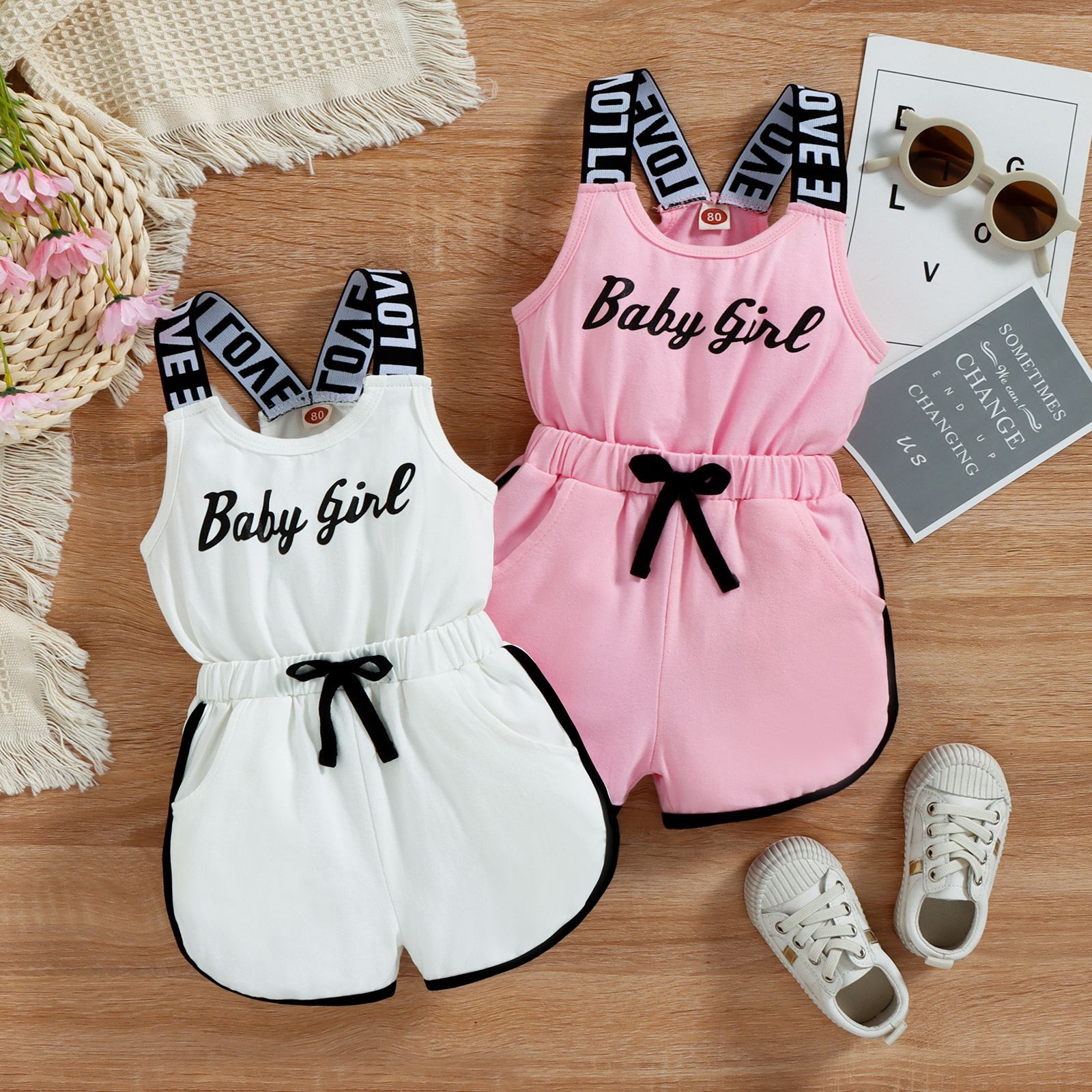 Cross border children's clothing Amazon Ins girls' letter printed pull up jumpsuit suspender bow jumpsuit in stock