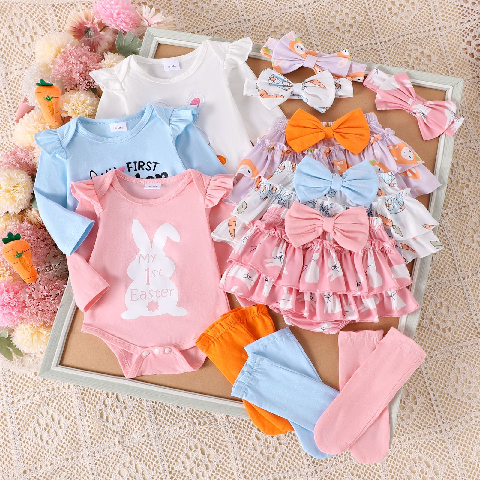 Cross border European and American cute baby girl multi colored long sleeved shirt+printed shorts head estimated sock set