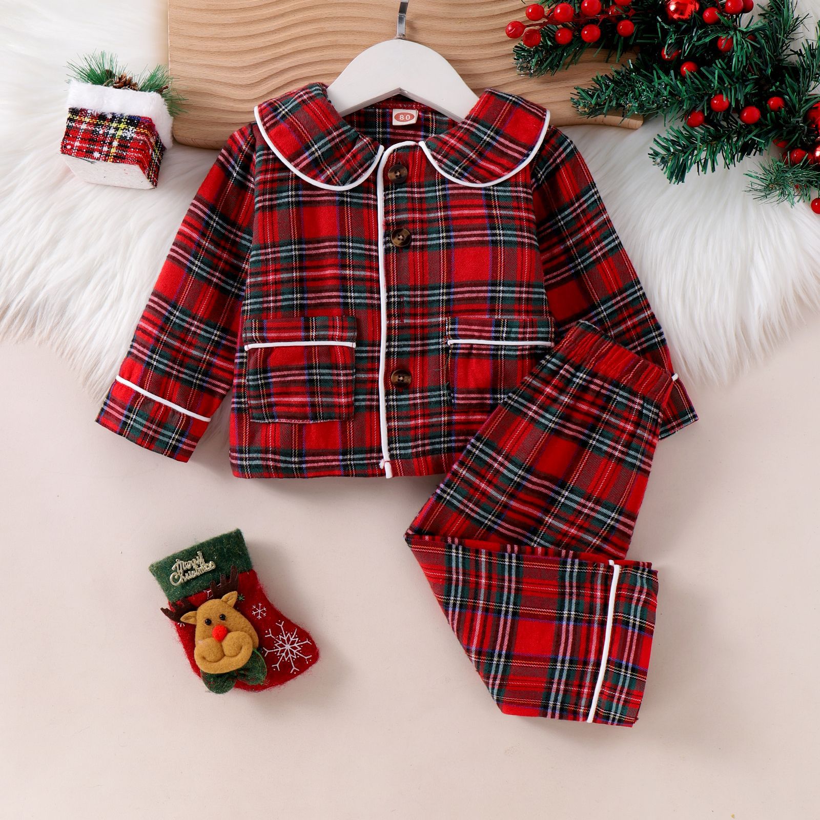 Foreign trade European and American boy and girl baby autumn and winter red checkered top straight leg pants set pajamas two-piece set