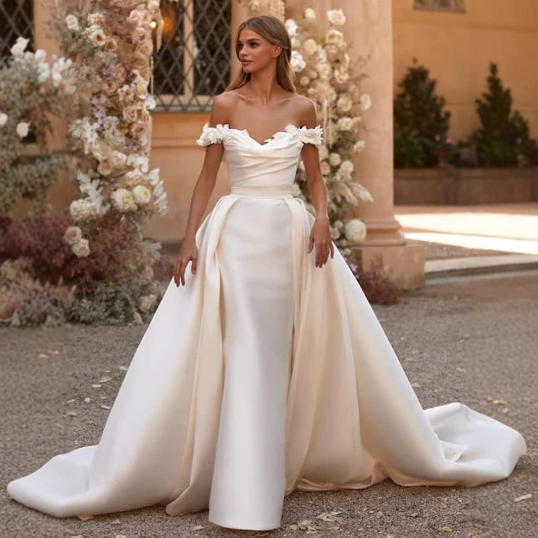 European and American cross-border Amazon foreign trade one shoulder satin detachable slim fit fish tail wedding dress new two-piece wedding dress