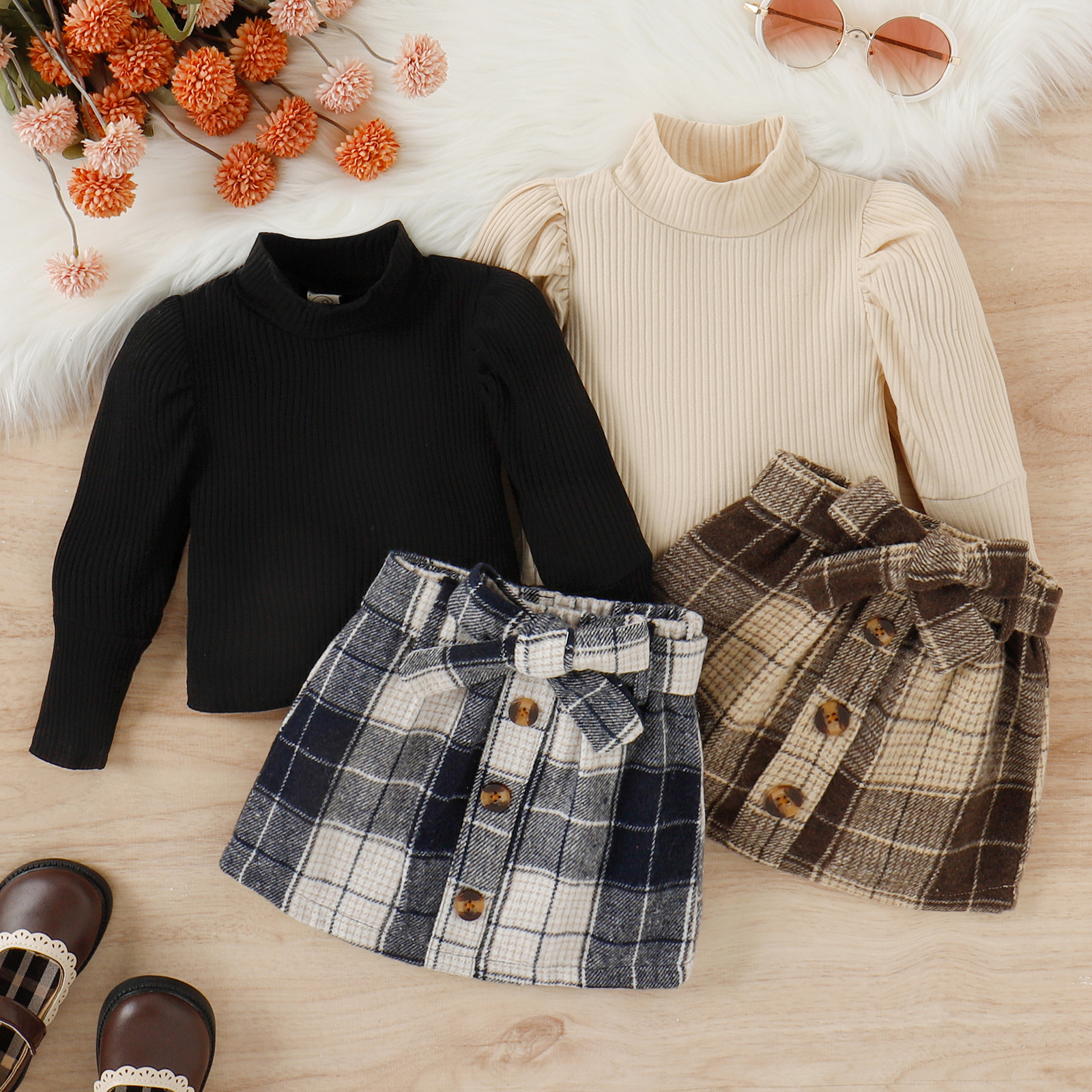 Spring and Autumn Girls' Pit Strip Long Sleeve High Collar Top Checkered Short Skirt Set Middle Children's Winter Skirt Set Cross border Wholesale