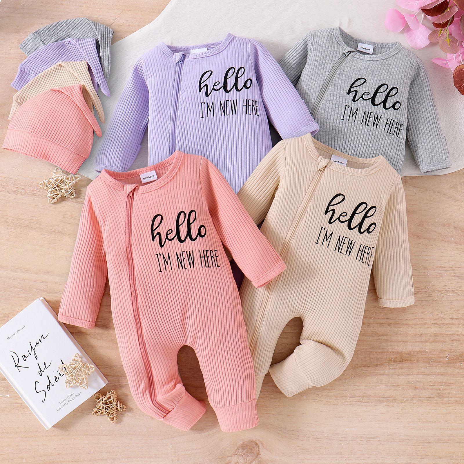 Amazon's autumn and winter new European and American newborn jumpsuit with letter printed long sleeved multi-color bag hat