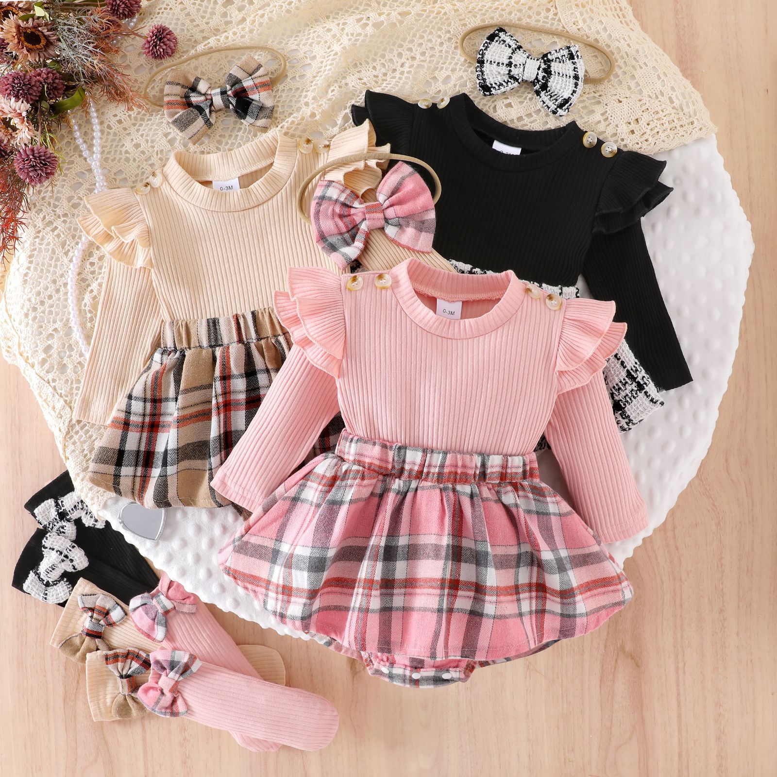 Children's clothing, European and American baby girls, sweet long sleeves, pit stripe tops, checkered clothes, skirts