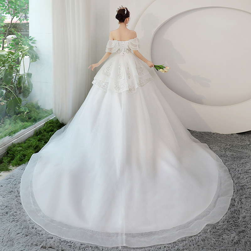 One shoulder main wedding dress, bride 2025 new style, female long tail, French heavy industry palace style, arm covering, plus size One shoulder main wedding dress, bride 2025 new style, female long tail, French heavy industry palace style, arm covering, plus size