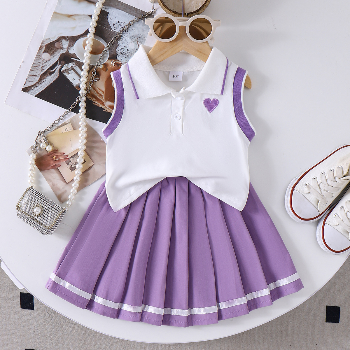 Girls' summer lapel vest paired with solid color pleated skirt two-piece set