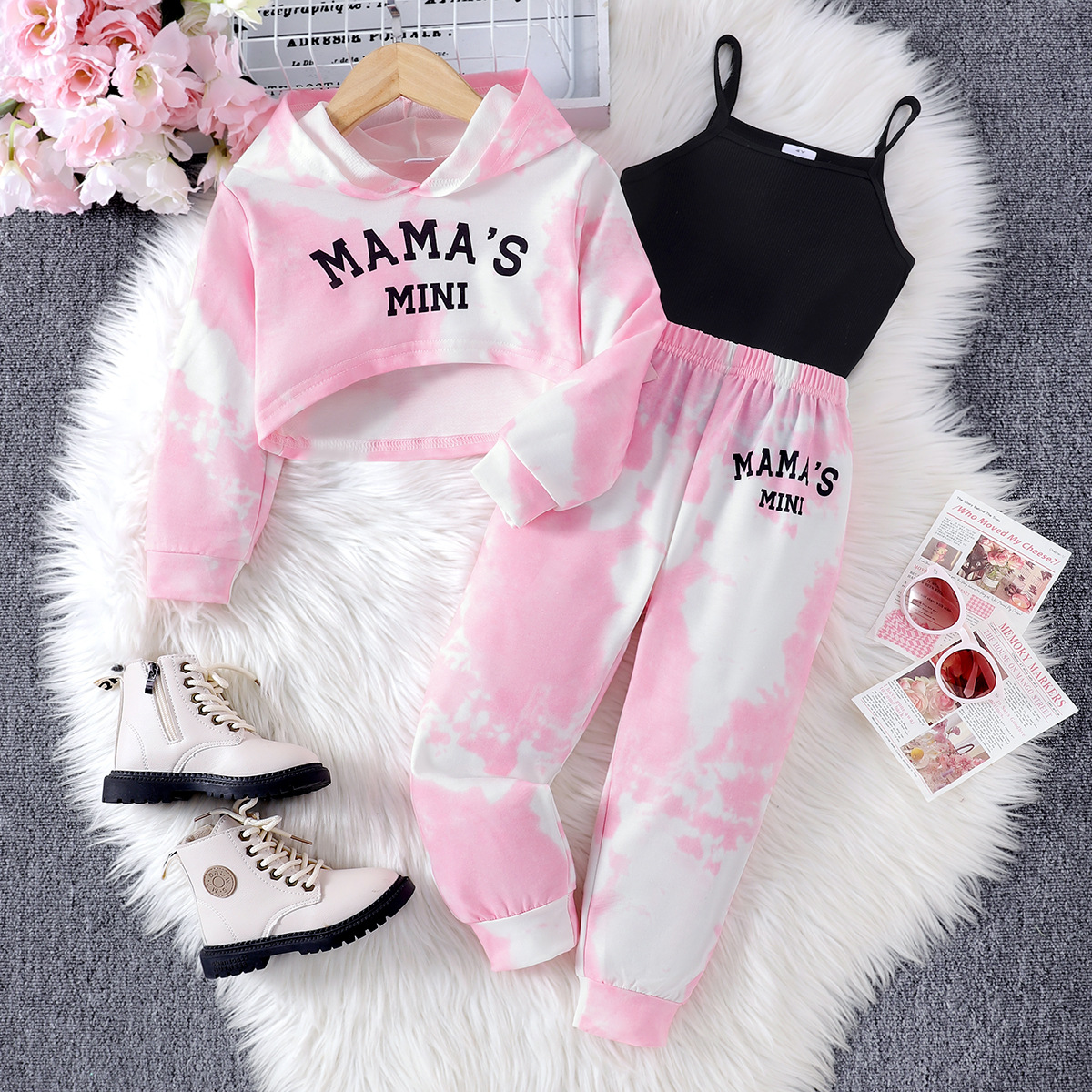 Amazon autumn new girls' set letter printed hoodie+camisole+long pants three piece set
