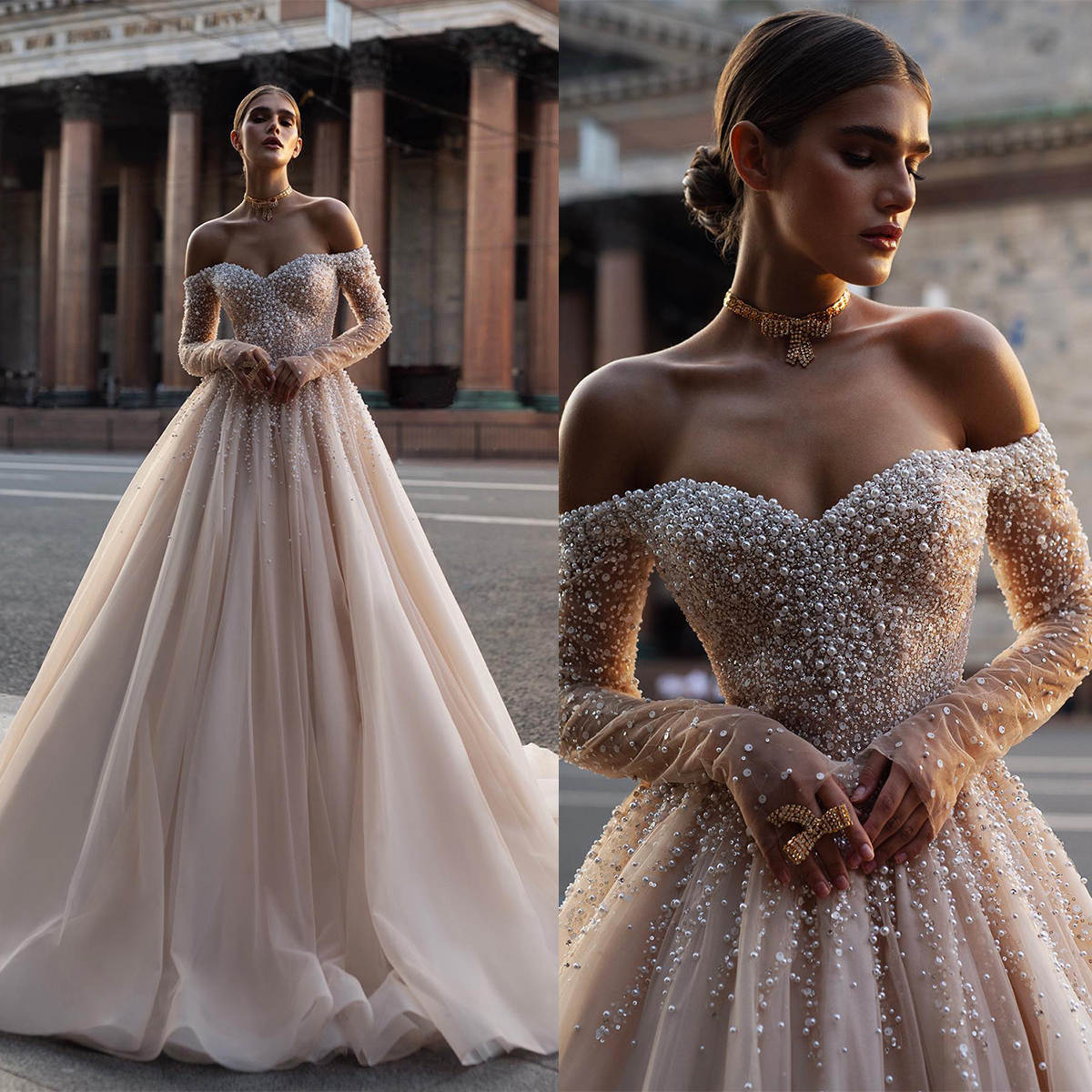 2025 new one shoulder long sleeved off shoulder pearl sequin backless bridal wedding dress champagne colored trailing wedding dress