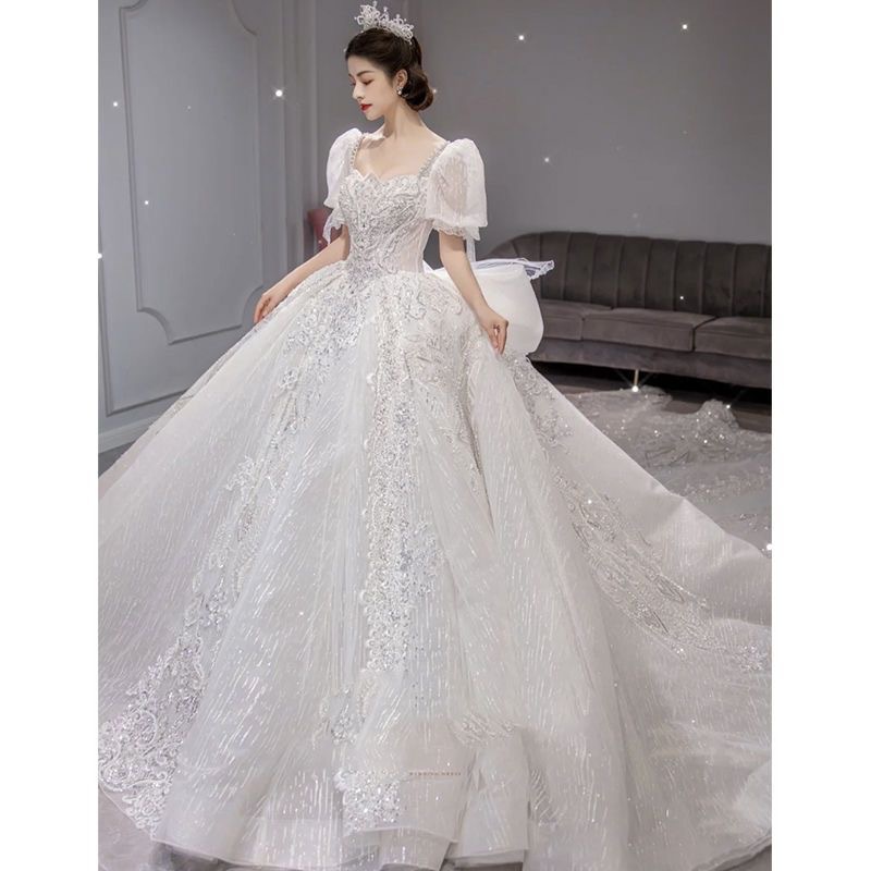 Main plus size wedding dress, bride 2025 new style, big tail, petite woman, French heavy industry temperament, one shoulder palace