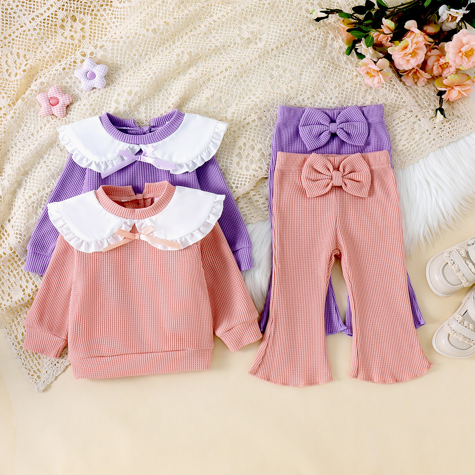 24 Autumn New Style Set for Foreign Trade in Europe and America: Girls' Baby White Doll Collar Top, Bow Bow Bellbottom Pants, Two Pieces