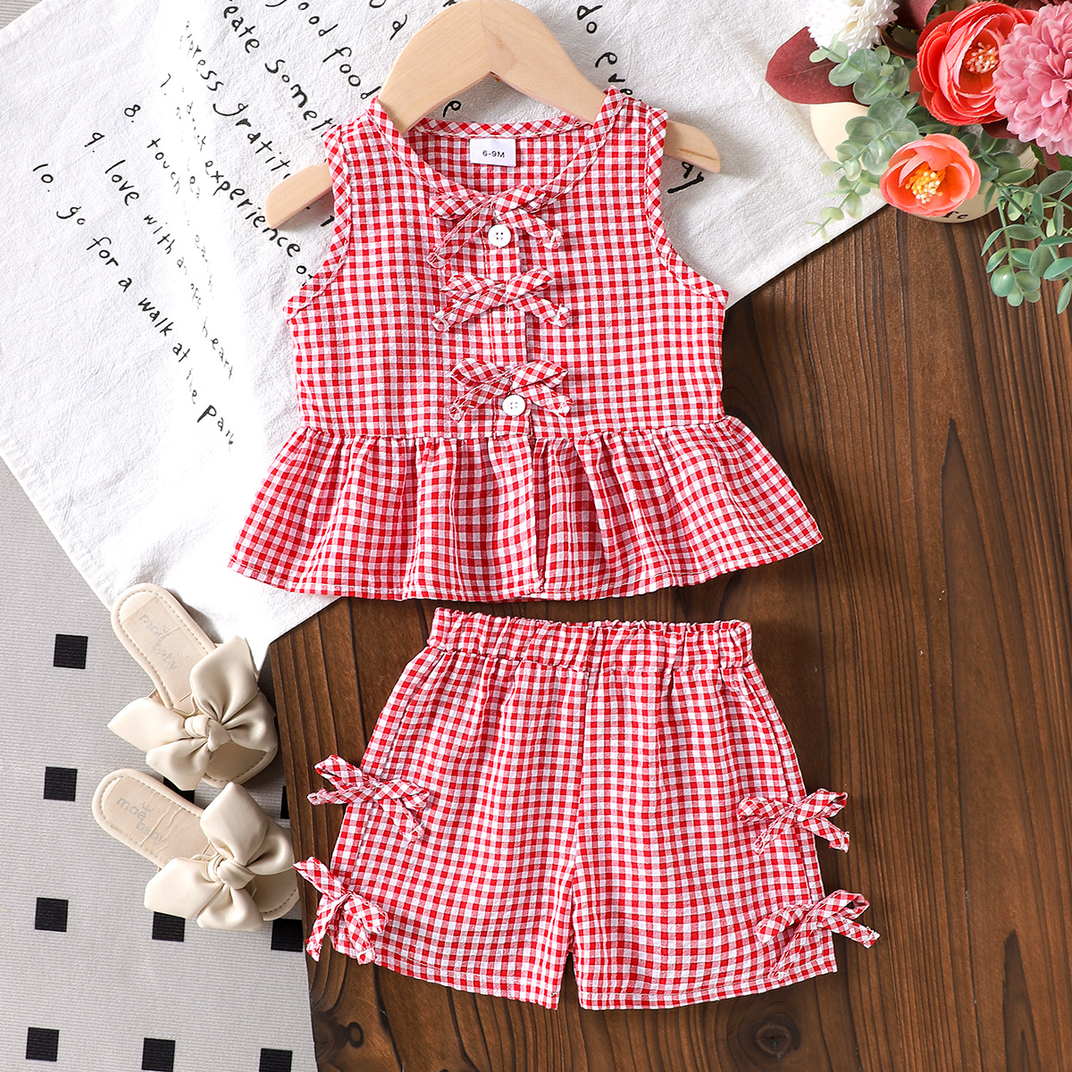 Foreign trade European and American summer new women's baby plaid sleeveless top paired with shorts set