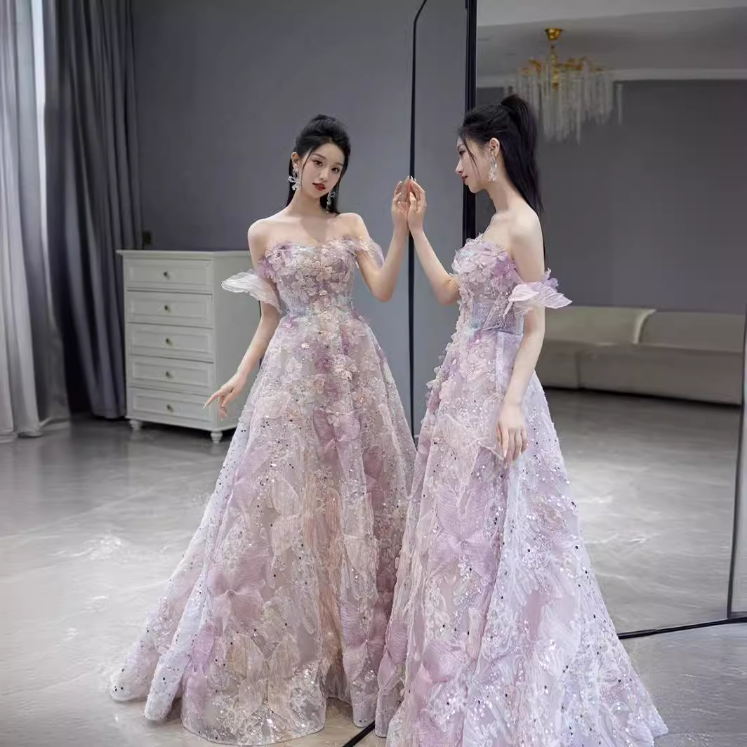 Foreign Trade Cross border Goods Heavy Industry French Toast Dress Bride One Shoulder Butterfly Fairy Banquet Adult Evening Dress