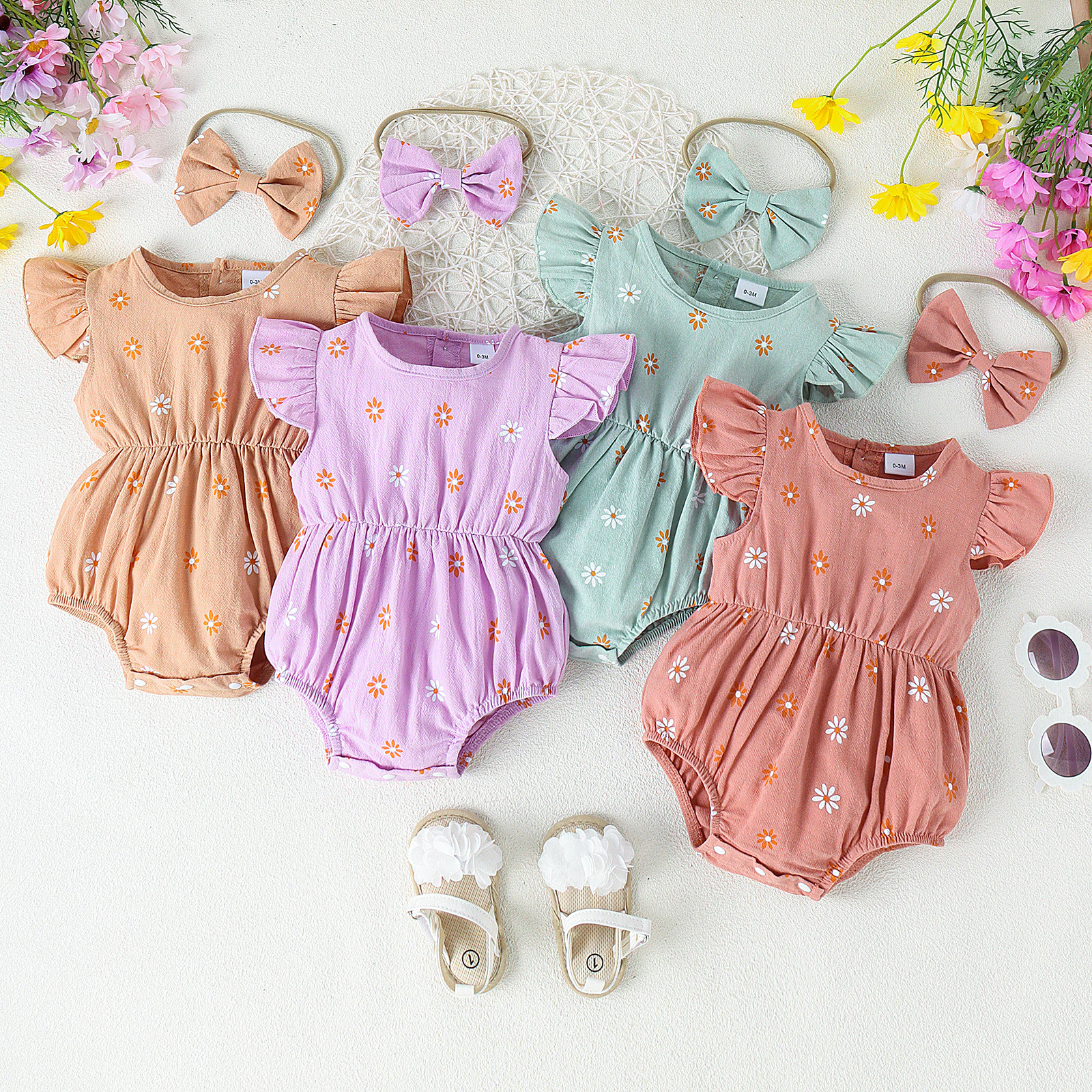 Foreign Trade Europe and America Summer 2024 New Girl's Baby Sleeveless Printed jumpsuit with bow headband
