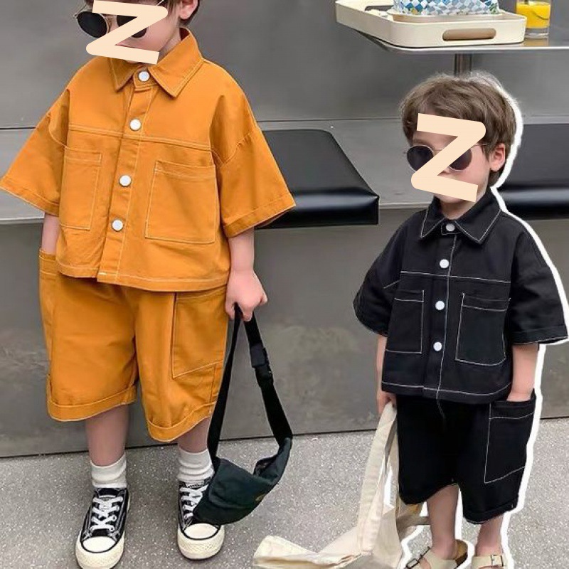 Boys' short sleeved 2023 summer outfit new Korean version children's outfit handsome workwear shirt summer stylish suit
