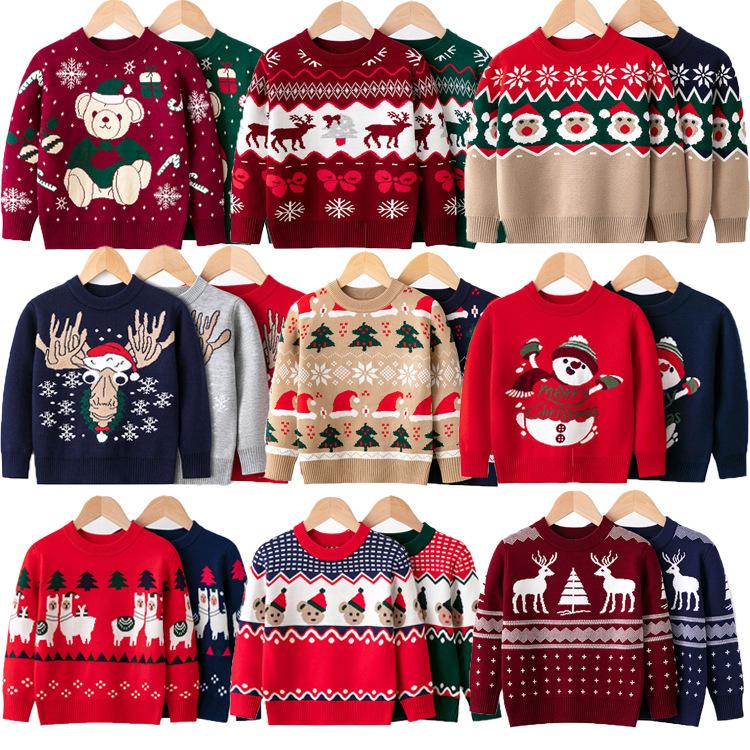 2023 European and American New Children's Christmas Sweater, Children's Clothing, Girls' and Boys' Autumn and Winter Cartoon Hooded Knitted Sweater