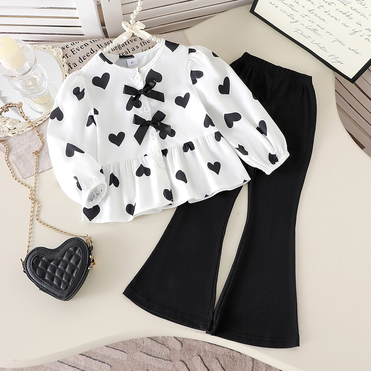 European and American casual set, girls' heart patterned long sleeved top, black pants two-piece set