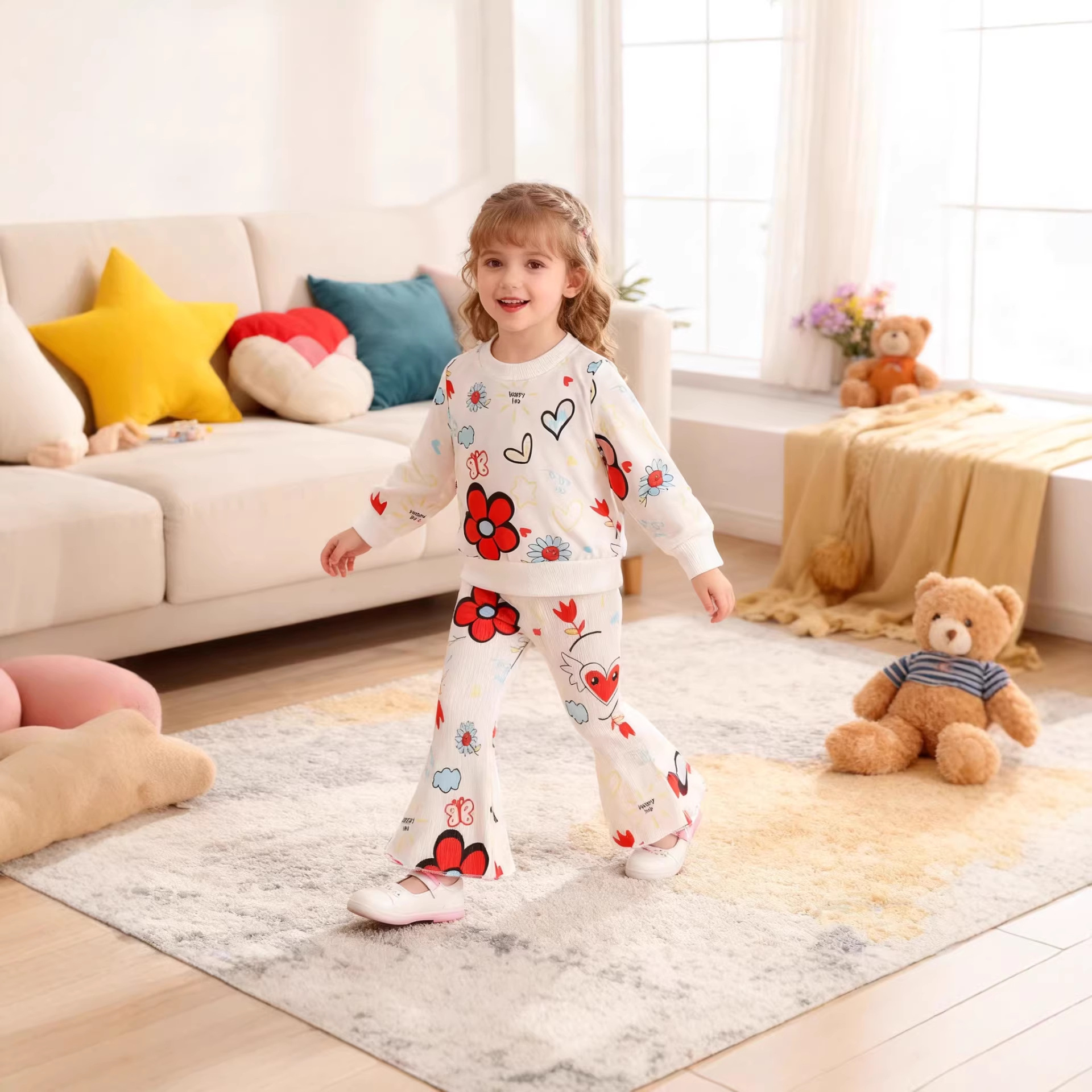 Cross border Sweet Flower Bow Set Pink Full Print Flower Long Sleeve Top Horn Spring/Summer Lively Two Piece Set