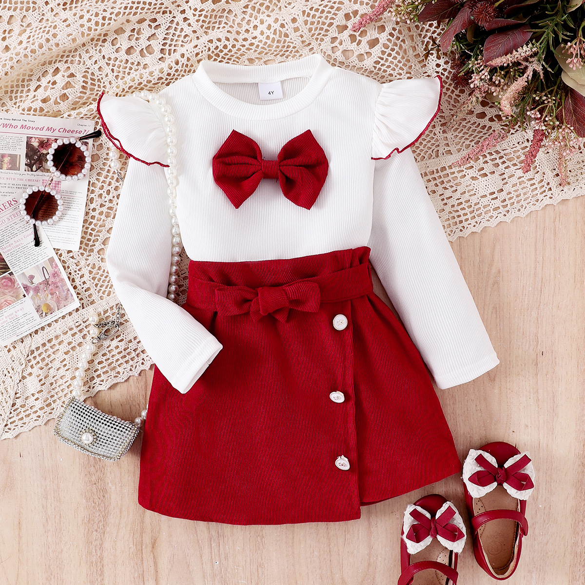 Amazon Women's Clothing Girls' White Bow Long Sleeve Top+Red Short Skirt Two Piece Set