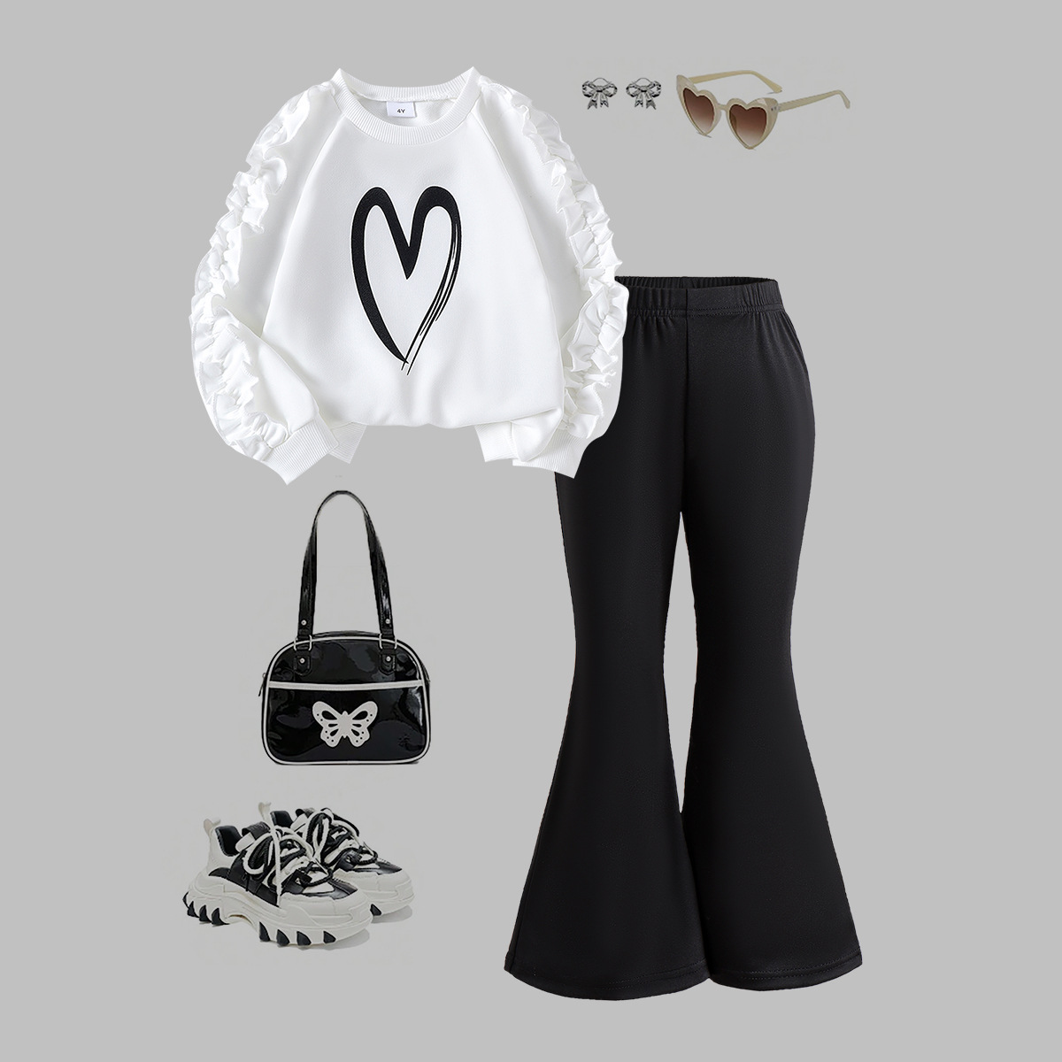 European and American children's casual set, girls' black heart long sleeved top, long pants two-piece set