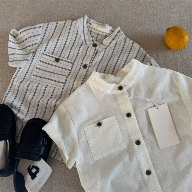 Children's striped shirt short sleeved T-shirt 2025 summer new item for boys, Korean color casual versatile white shirt trend