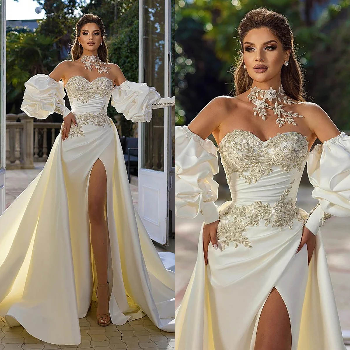 Foreign trade wedding dress with small tail, waist cinching, slimming effect, hip cinching, body wrapped in satin, two-piece set, detachable bubble sleeves, strapless wedding dress