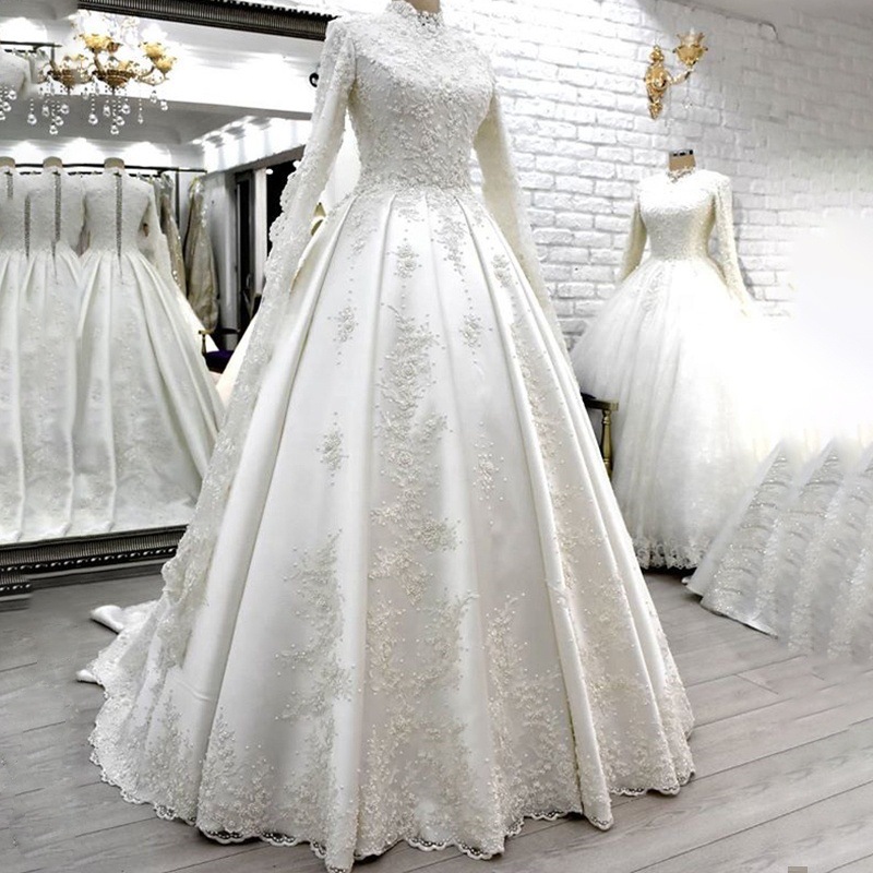 Luxurious Muslim high neck embroidered bead decoration long sleeved satin princess skirt support trailing ethnic clothing wedding dress, wedding dress