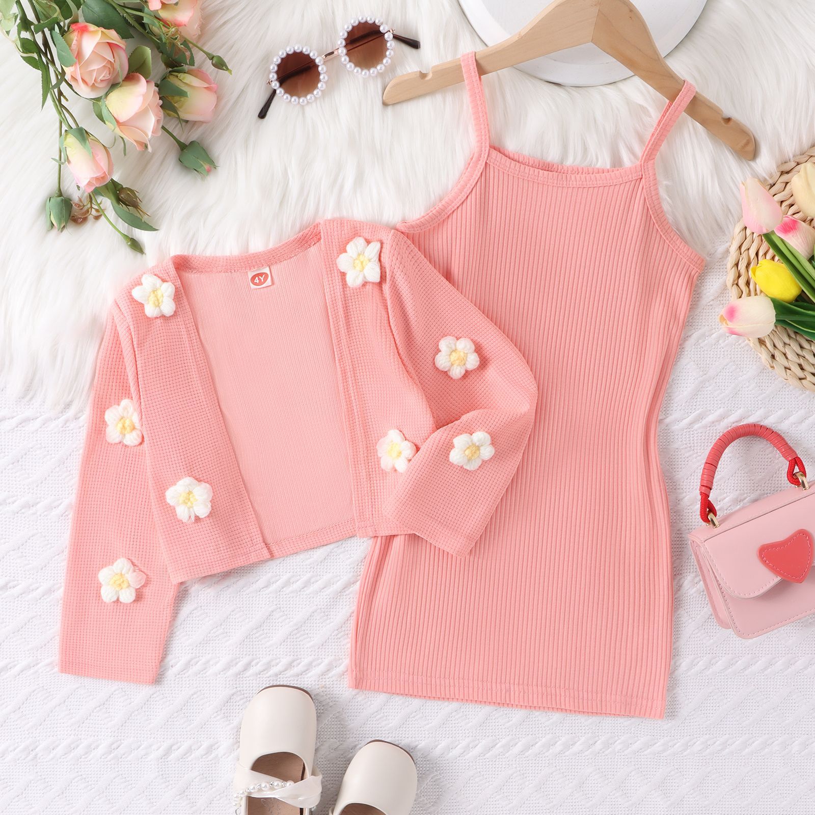 Amazon children's clothing hot item girls' autumn set pink camisole skirt+flower jacket sweet two-piece set factory