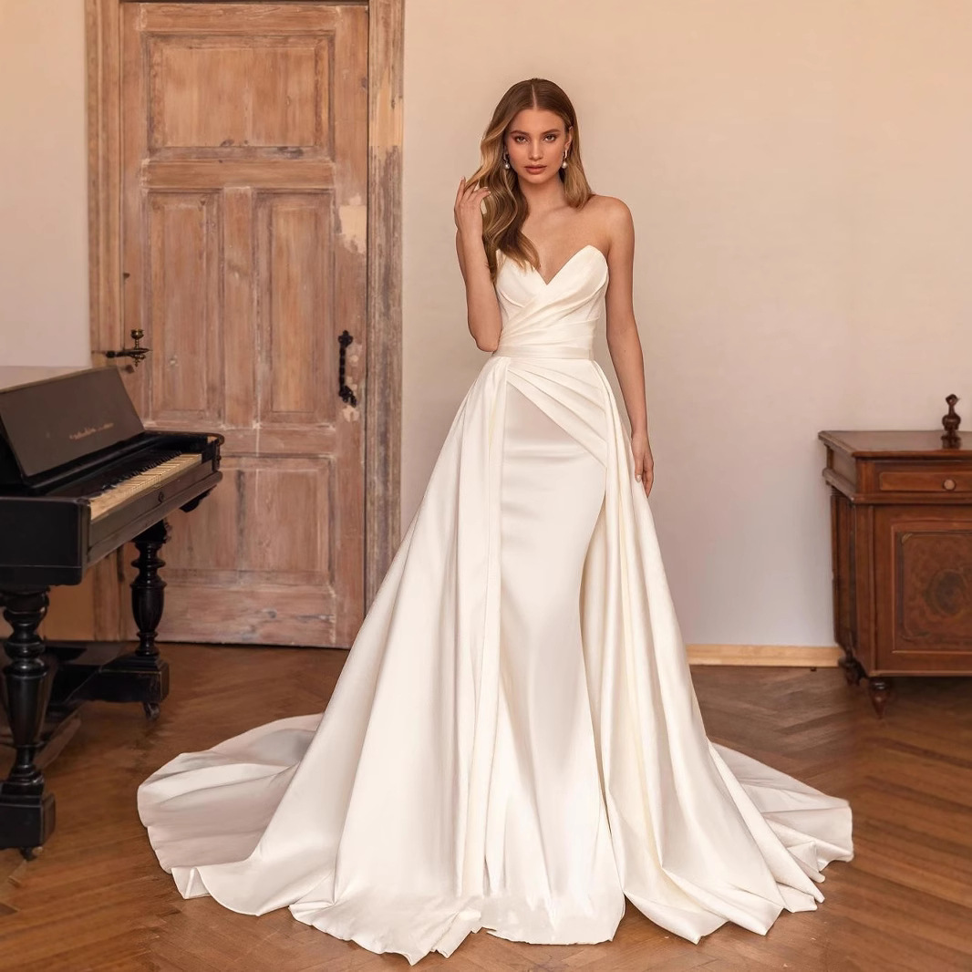 New foreign trade two-piece satin strapless dress with wrapped buttocks, detachable trailing wedding dress, elegant temperament queen banquet dress