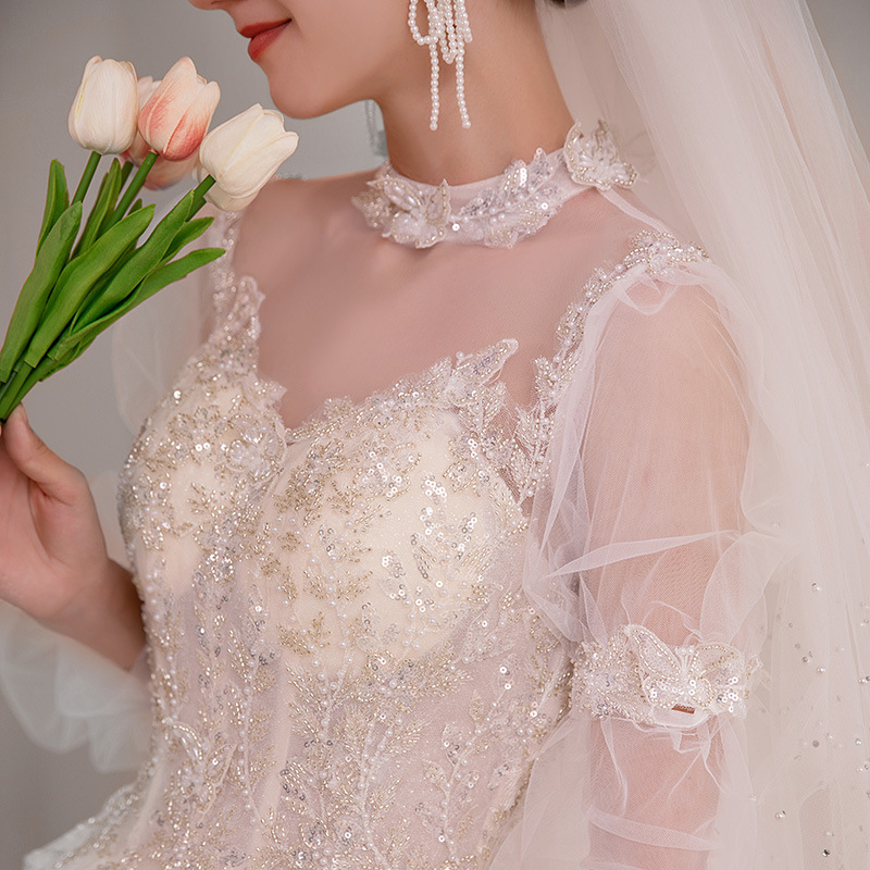 Korean Wedding Dress 2024 Bridal Sen Series One Shoulder Female French Zipper V-neck Heavy Industry Small and Light Starry Sky Wedding Dress Korean Wedding Dress 2024 Bridal Sen Series One Shoulder Female French Zipper V-neck Heavy Industry Small and Light Starry Sky Wedding Dress