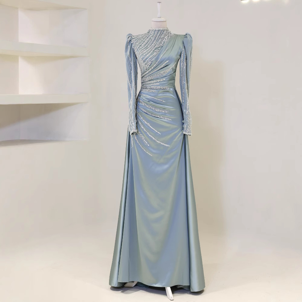 Foreign trade satin dress factory stand collar full sleeved detachable two-piece set evening dress dignified and elegant outfit