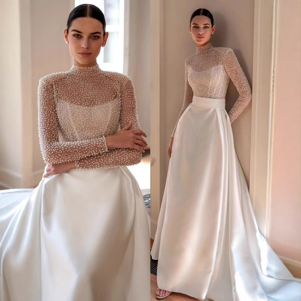 Pearl mesh evening banquet dress Amazon new shoulder wrapped long sleeved pearl satin dress