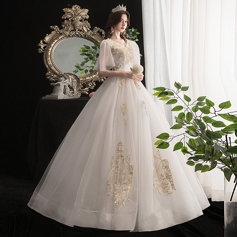 Main wedding dress French pregnant woman light 2025 new bride simple V-neck outdoor veil plus size wedding dress covers arms super fairy