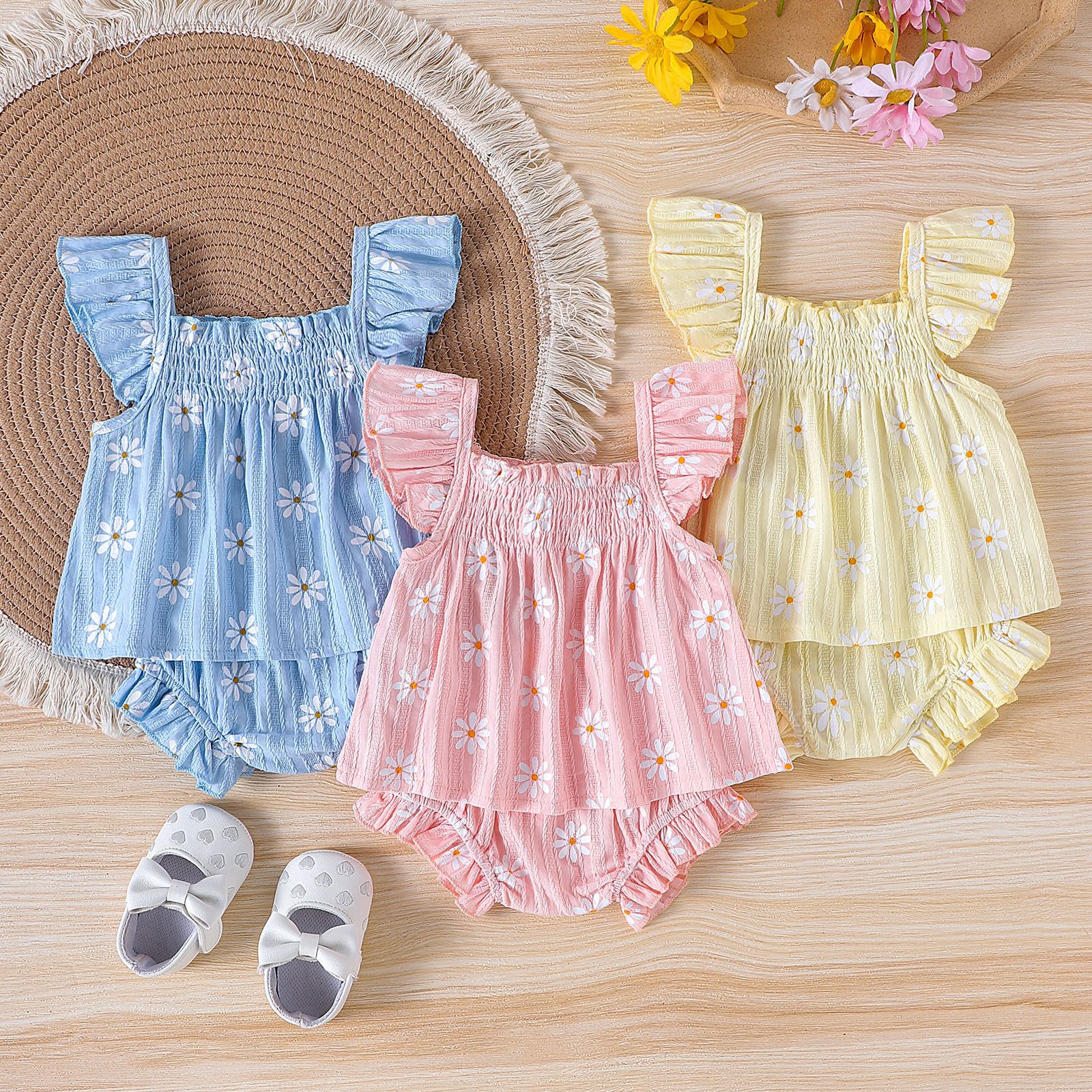 Cross border summer casual baby girl flower print suspender fly sleeve top and pants set