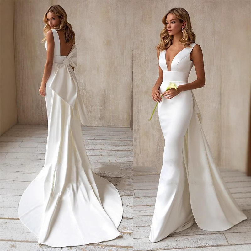 AliExpress Europe and America Cross border Dress Direct Sales Elegant Mermaid Tail Wedding Dress Simple Satin V-neck Butt Wrapped Evening Dress