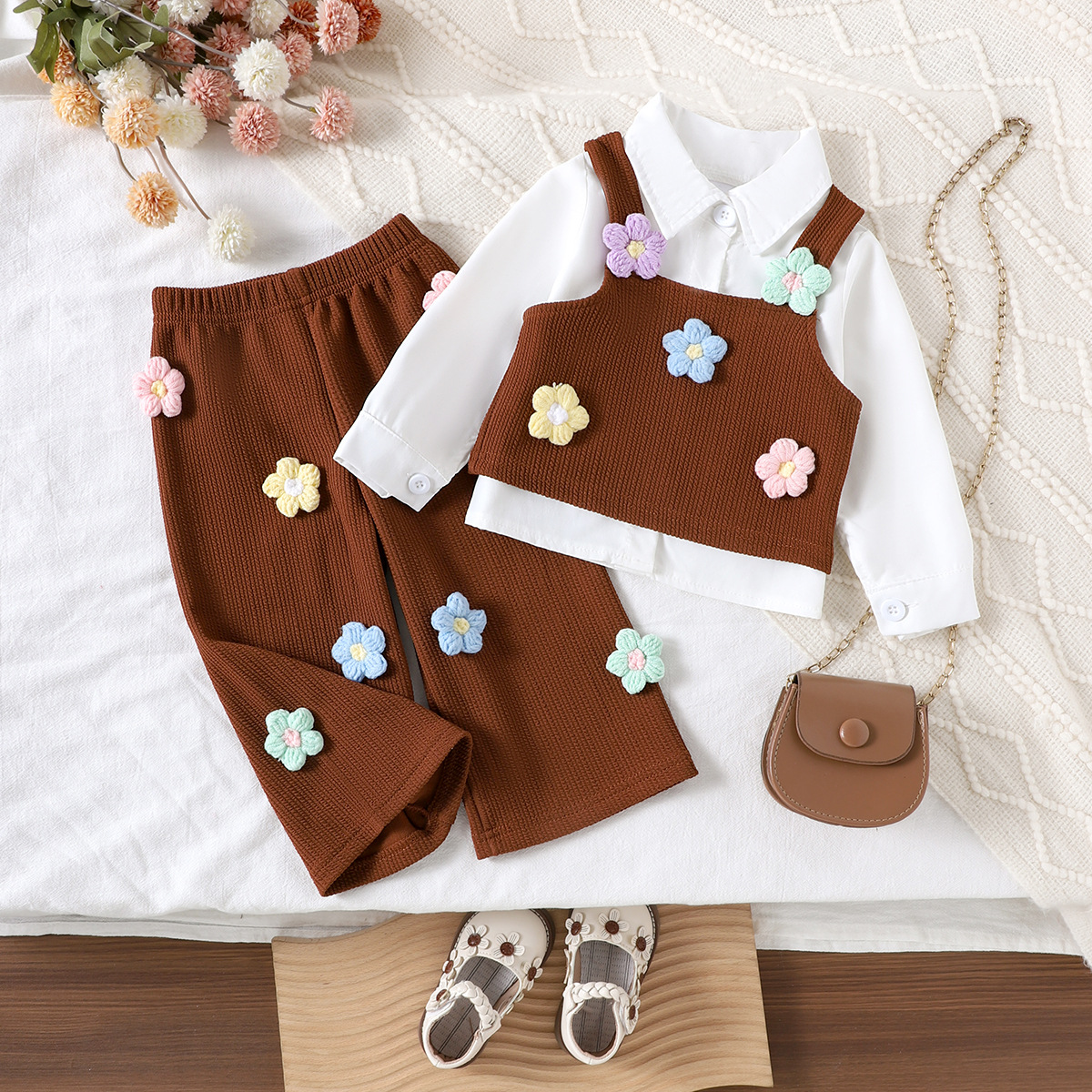 Amazon European and American children's clothing cross-border baby girl flower pattern vest+lapel shirt+pants set